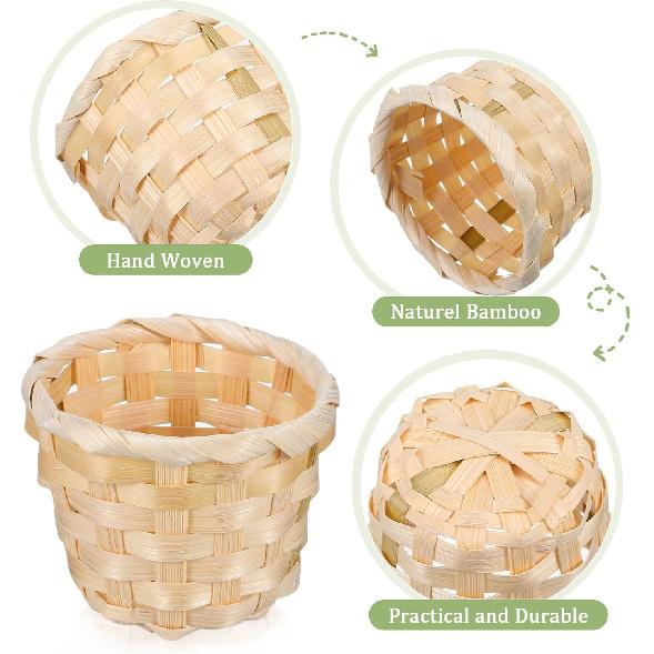 NUOBESTY 6Pcs 2.95X2.95X2.36in Mini Wood Woven Baskets Small Baskets Miniature Artifical Wood Woven Baskets Mini Straw Woven Storage Basket Without