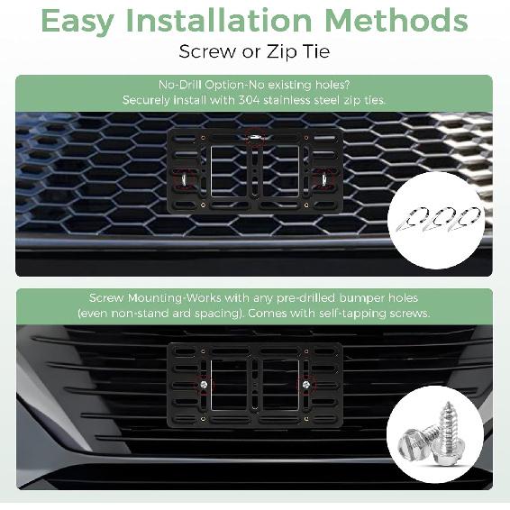 Front License Plate Mount - No Drill Licence Plate Bracket Holder, Universal Bumper Car Tag Frame Mounting Kit for Most Cars, Trucks & SUVs