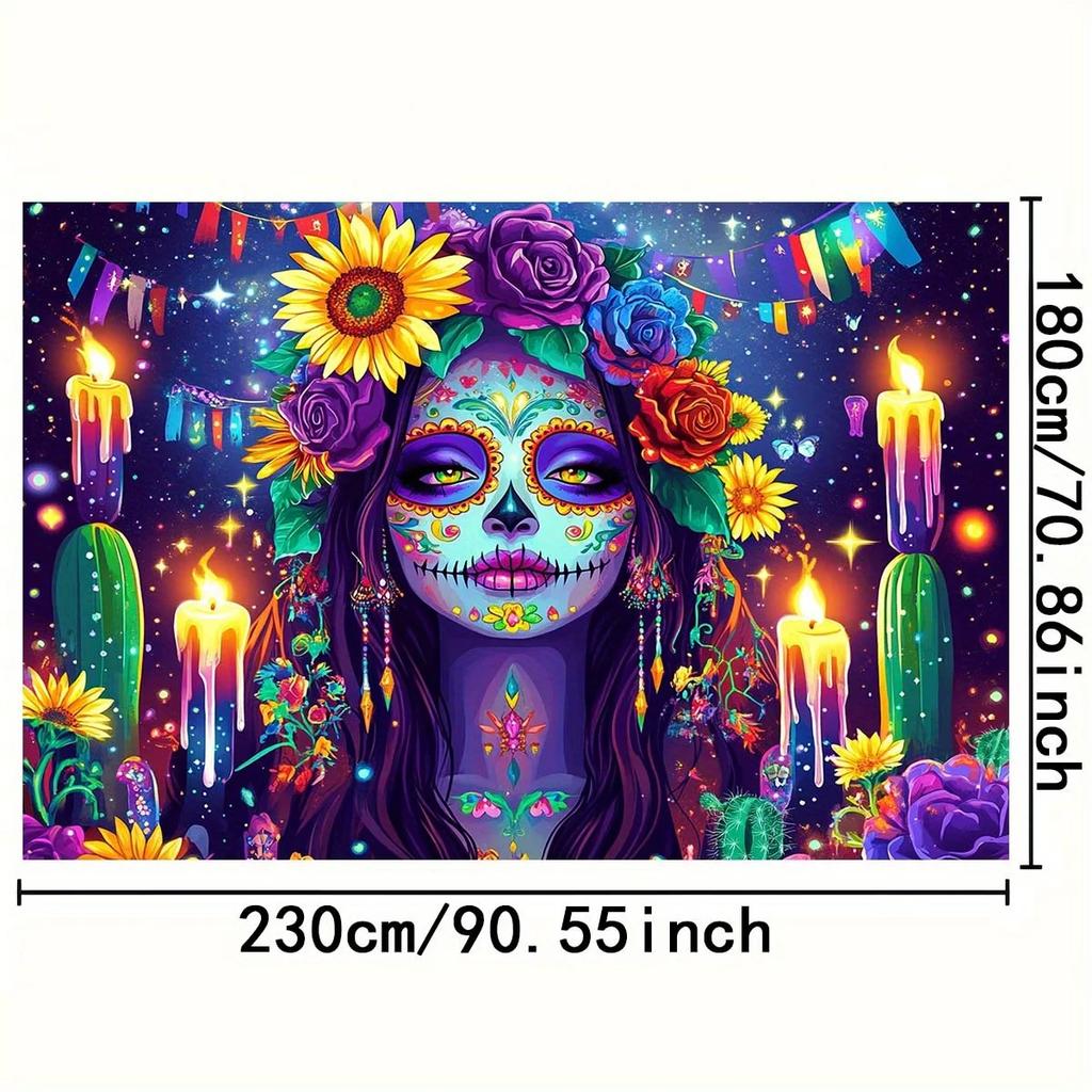Magic Starry night scene background cloth - Bright sunflowers, candles and purple roses - Death Day inspired party decoration