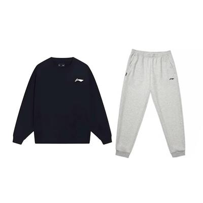 Li Ning Solid Color Simple Loose Breathable Versatile Round Neck Pullover Long Sleeve T-Shirt Casual Sports Set Unisex Tops Black YTLU051-1+AKLVB11-1