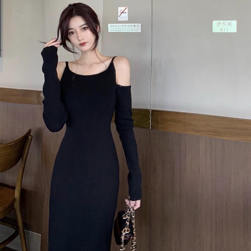 

Юбка-свитер с пальто средней длины и длинным рукавом на бретелях с открытыми плечами, базовое зимнее платье новое XL чёрный