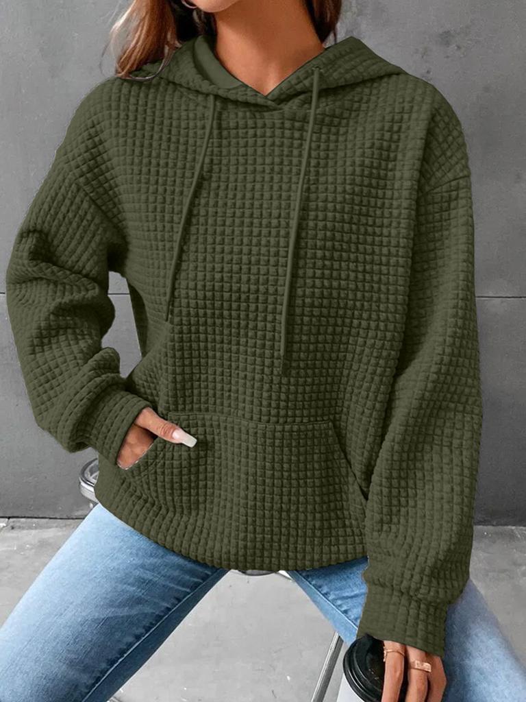 2025 New Women's Loose Hooded Long-sleeved Stitching Sweater Leisure Versatile Round Neck Solid Color Waffle Knit Hoodie