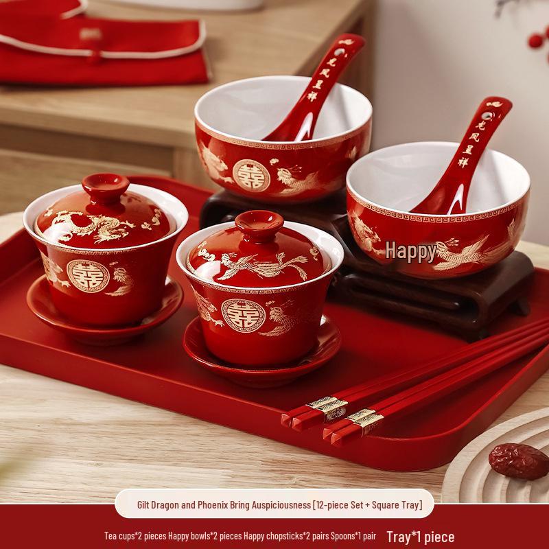 Wedding Tea Cup & Chopstick Set: Toasting Bowls and Red Dowry Supplies