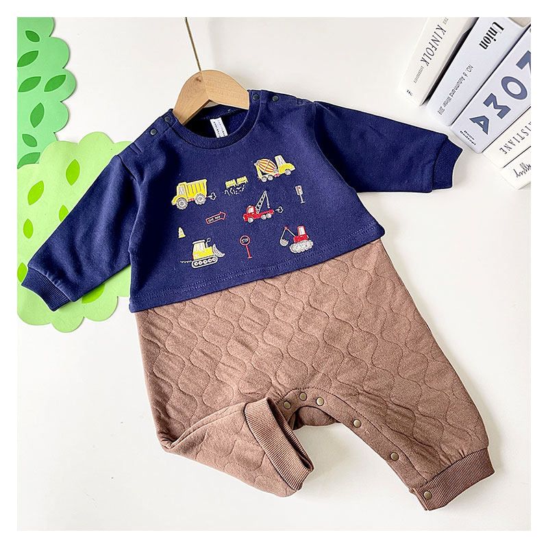 Construction Vehicle-Themed Thickened Baby Romper for Boys, Warm Air Layer Jumpsuit, Size 70-80, Soft and Warm