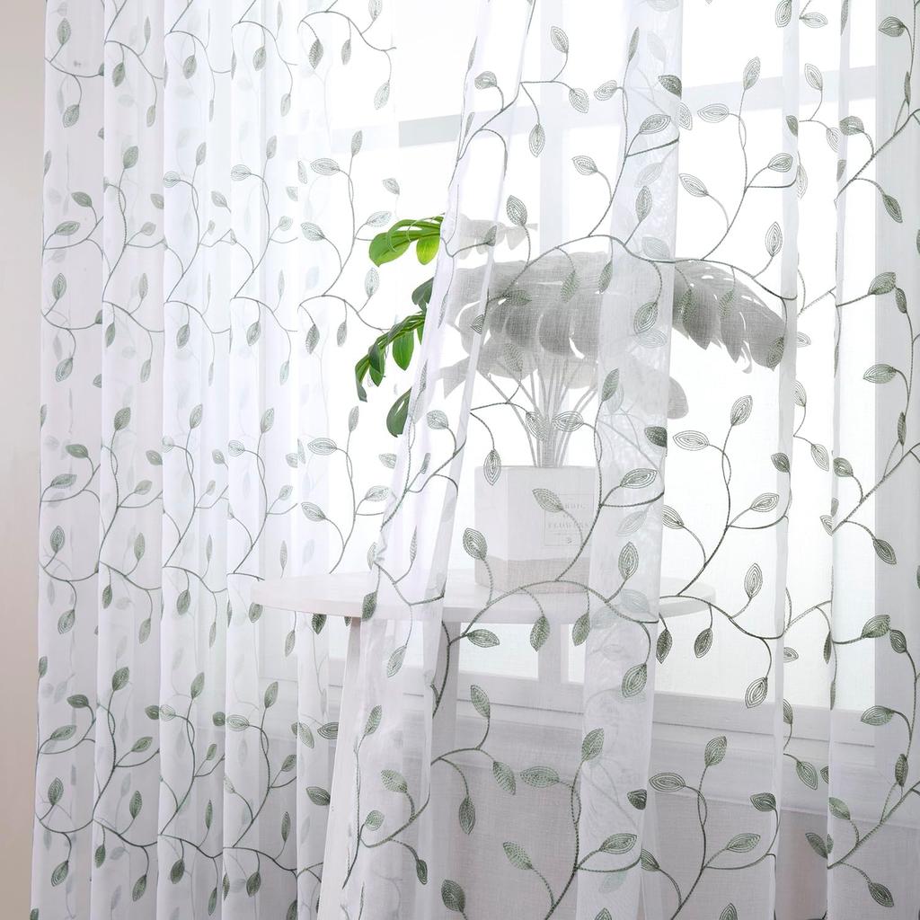 Tollpiz Leaves Short Sheer Curtain Sage Green Leaf Embroidery Living Room Curta Rod Pocket Voile Faux Linen Embroidered Leaves Curtain for Bedroom,