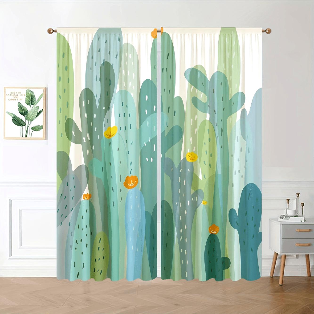 

Set Of 2 Cartoon Cactus Printed Curtains Curtain Suitable Kitchen Bedroom Study Cafe Living Room Home Decor Made Polyester Area Window Treatment W100*H70(CM)-Rod Pocket&2PCS