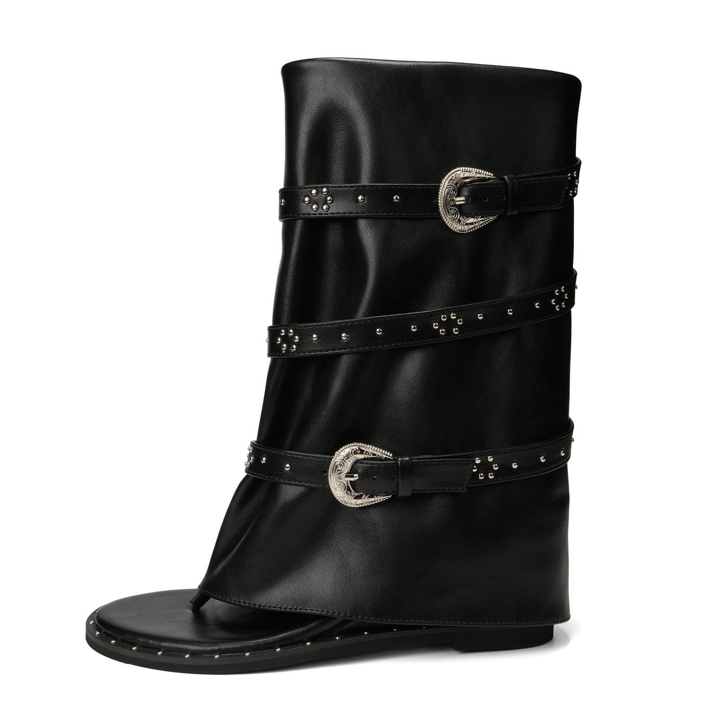 

Женская мода Летние ботинки Женские сандалии на танкетке Ретро Римские кожаные Ботильоны до середины голени с носком, закрывающим пальцы Ботинки-трубы Сандалии для женщин 34 чёрный