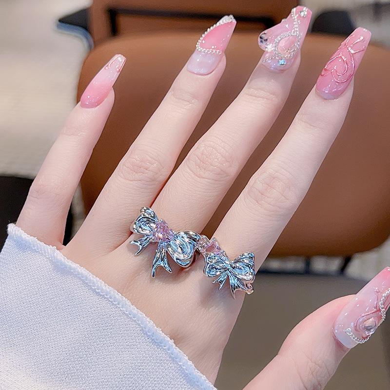 Pink Zircon Bow Niche Design Open Ring Set Cold Wind Personality Advanced Sense Index Finger Ring