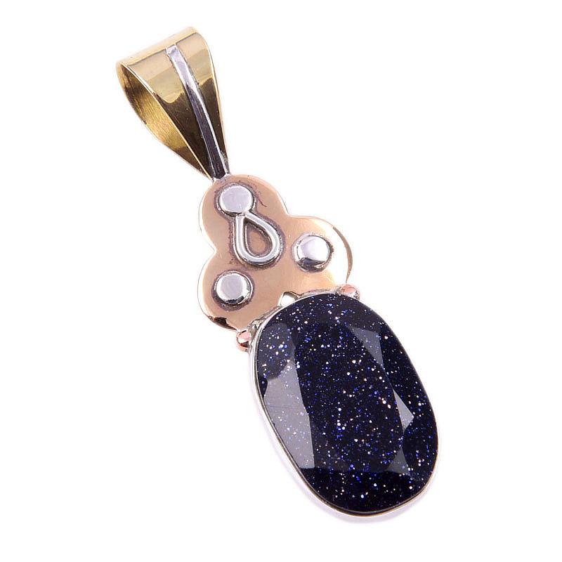 Natural Blue Sunstone 925 Solid Sterling Silver Gift TwoTone Pendant 1.75" c6n30