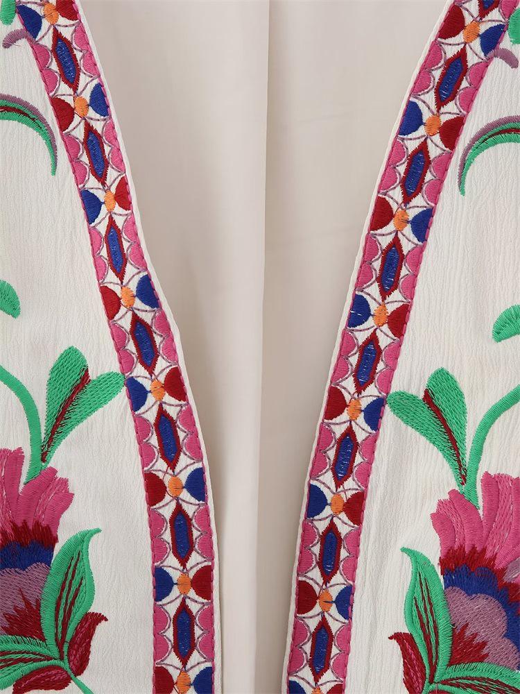 2023 Květinová výšivka Color Block Bez rukávů Otevřená přední strana Vesta - Retro Jarní Dámský Svršek