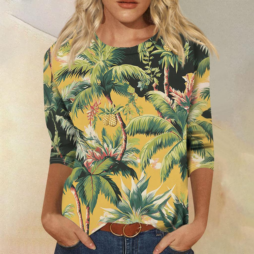 Top T-shirt casual alla moda da donna con scollo rotondo, manica a tre quarti e stampa