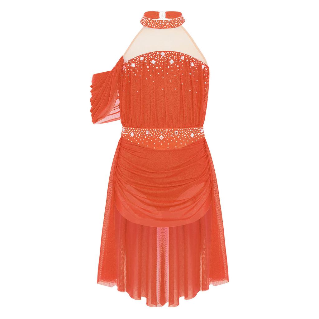 Girls Halter Backless Ruched Mesh Drape Dress Lyrical Dance Performance Rhinestone Costume