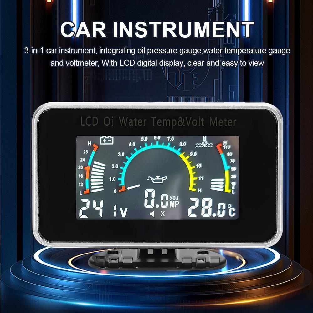 Car LCD Meter Digital Oil Pressure Voltage Water Temperature Gauge 3-in-1 Universal Instrument 9-36V for Car Truck SUV RV
