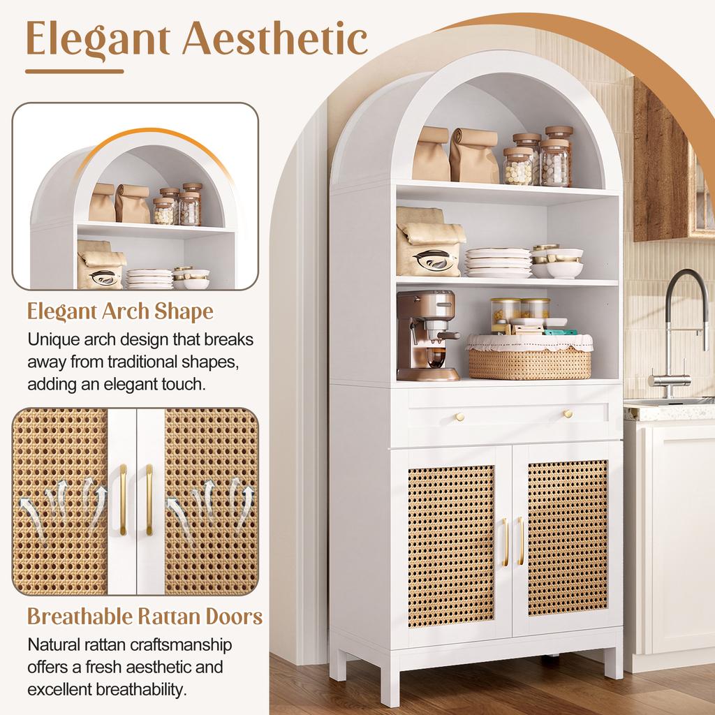 Modern arched display and storage cabinet, rattan doors, 3 display compartments + 2 doors + 1 drawer, white + wood look, 70 x 40 x 170 cm.