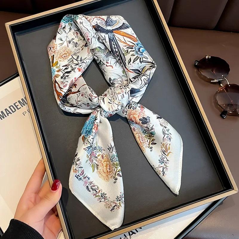 

Luxury Floral Silk Feel Square Scarf Women Soft Satin Kerchief Hairband Neckerchief Head Hijab Lady Headband Foulard Bag Ribbon 70x70 белый