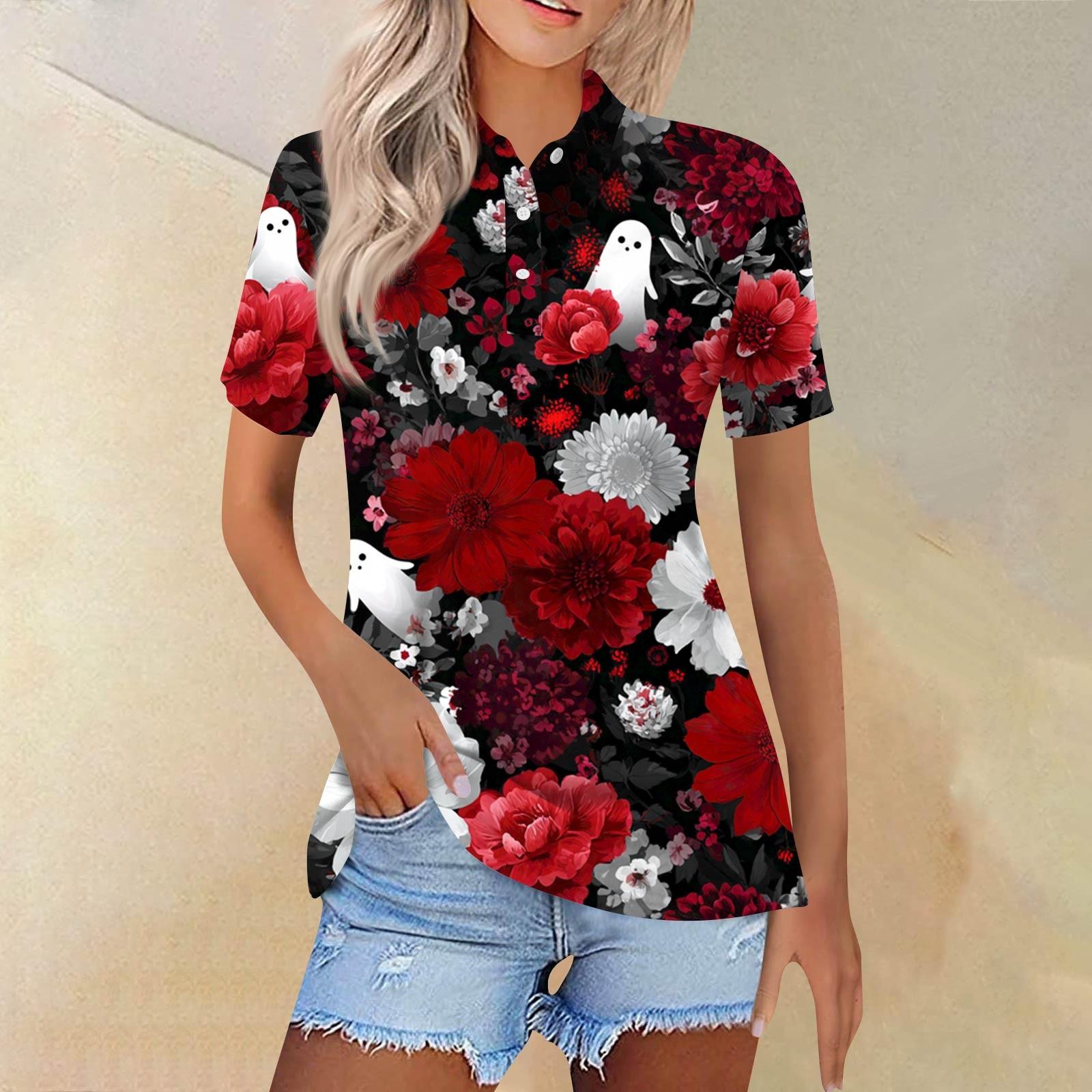 

Женская модная повседневная рубашка с отворотом и коротким рукавом с принтом, женские топы на пуговицах XXL красный