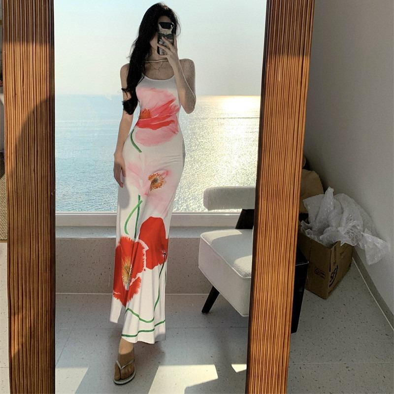 Summer Island Store Vacation Dahlia Printed Sexy Suspender Vest Skinny Hip Wrap Fishtail Dress