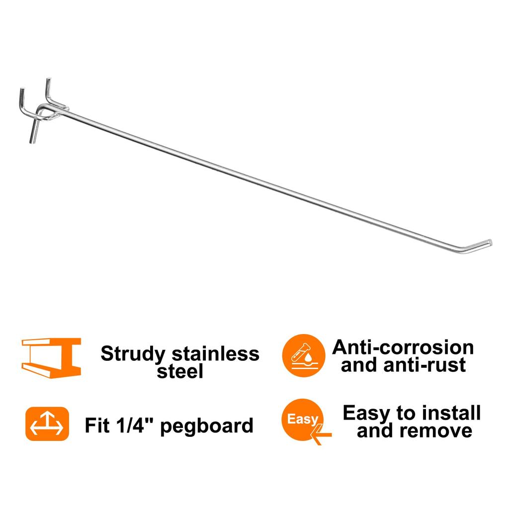 Uxcell Stainless Steel Pegboard Holder for Tool Silver 60-Pack 12-Inch Hooks, Wall-Mounted Workbench, Garage, Kitchen, Shop, Organizer,