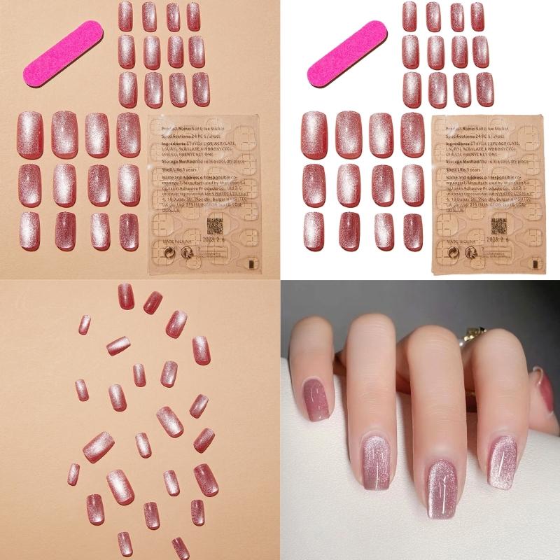 24 ks Cat Eye Press na nehty Full Cover Stick na nehty Růžové Umělé nehty Střední Umělé nehty Tipy Akrylové umělé nehty