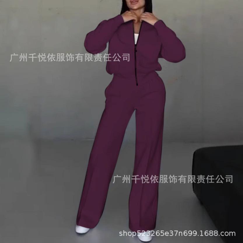 2024 Spring and Autumn Sweater Two-piece Women's Clothing European and American Cross-border Trend Fashion Casual Zipper Cardigan Trousers