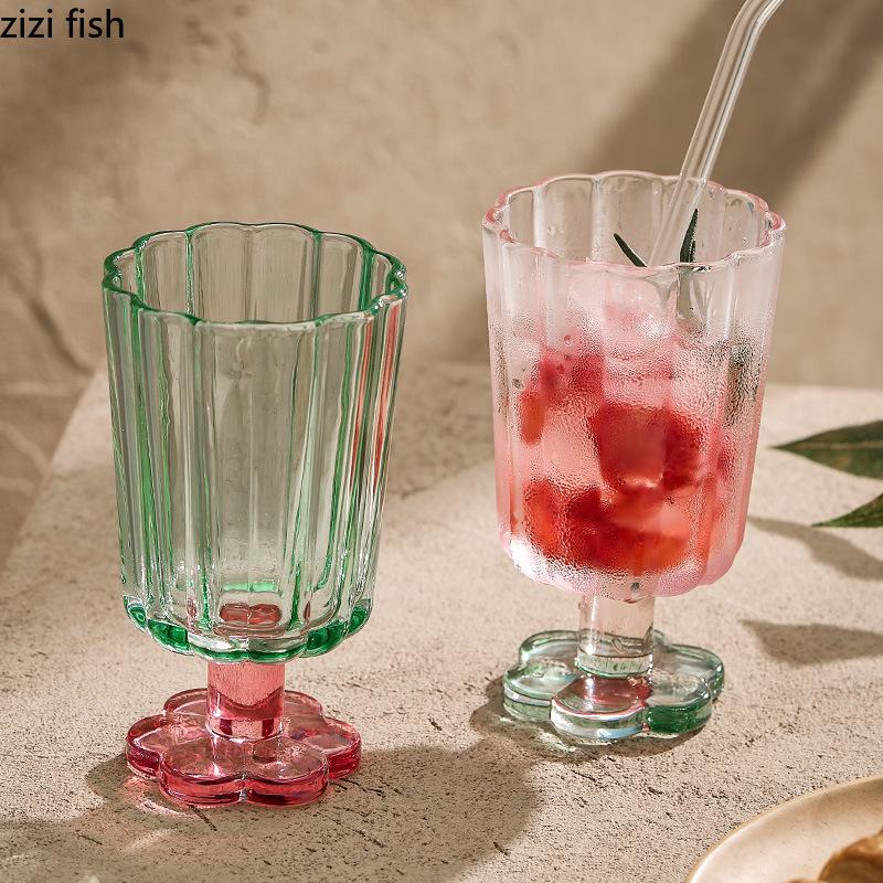 Flower-shaped Water Cup High Foot Glass Cups Ice Cream Cups Red Wine Glasses Goblet Drink Cups Juice Cup Drinkware Mugs Teacup