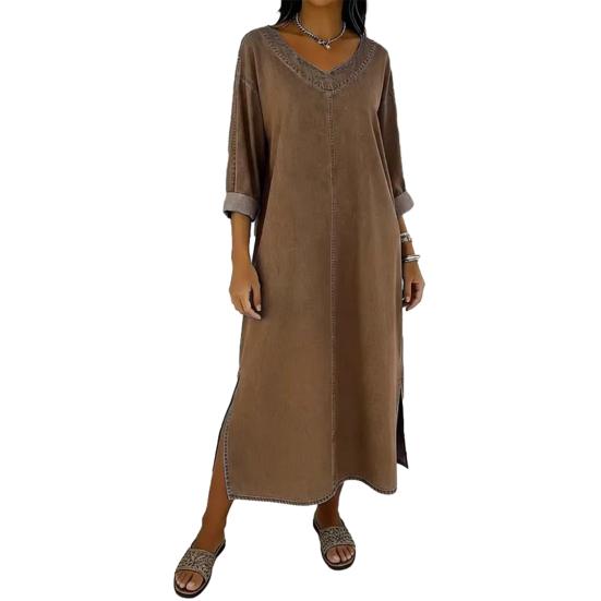 

Women s Faux Denim Maxi Dress V Neck 3/4 Sleeve Loose Long Dress Casual Summer Beach XXL