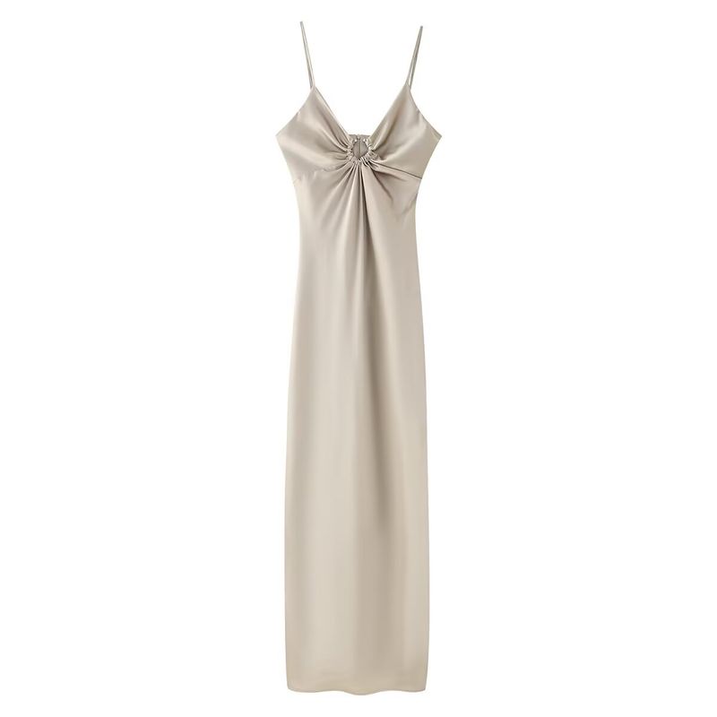 Kaslead New Arrival Women's Clothing Fashion Style Fashion Long Cut Out Decoration Satin Sling Dress