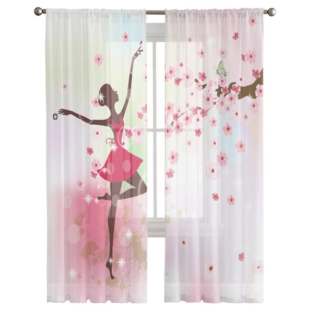 Ballet Dancer Girl Pink Flower Sheer Drapes Window Curtains for Living Room Bedroom Home Decor Cherry Blossoms Chiffon Curtain
