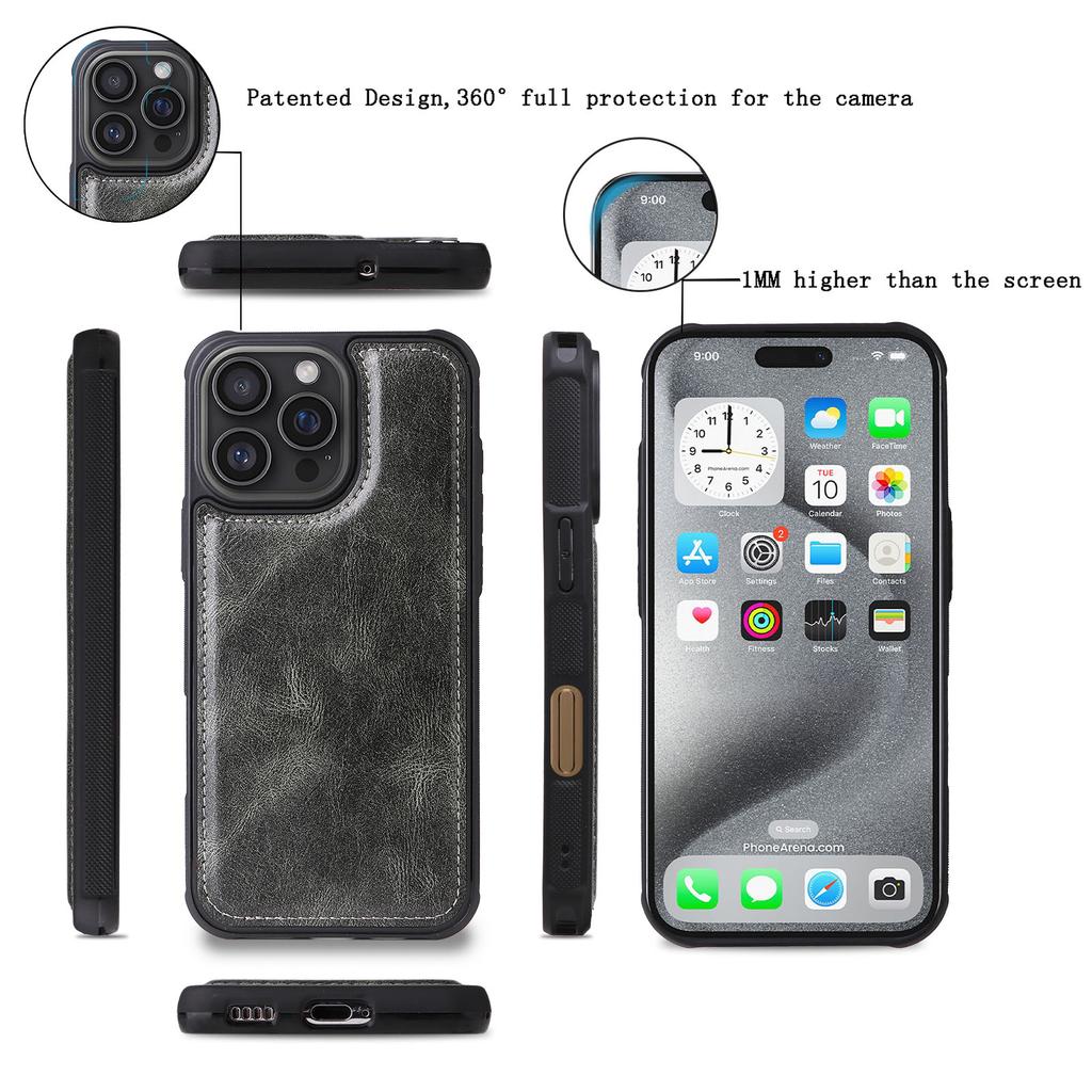 For iPhone 16 Pro Max Magnetic Case Detachable PU Leather Zipper Wallet Cover