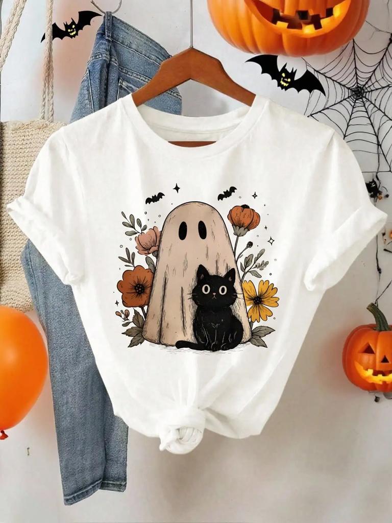 Halloween Cartoon Graphic Tops Tees Cute Floral Ghost Pattern Fit Round Neck Short Sleeve T-Shirt for Women Casual Clothing