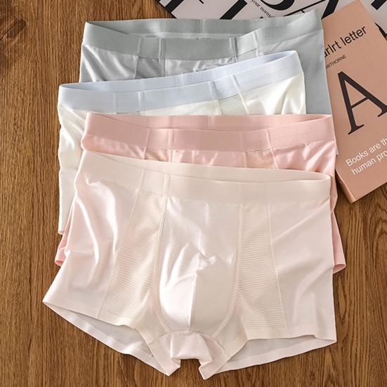 Men Boxer Briefs Mid-rise Elastic Waistband Breathable Mesh Shorts Underwear Solid Color U-Convex
