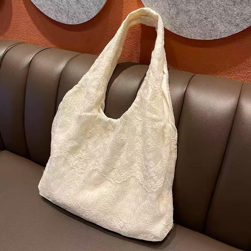 Korean Lace Flower Canvas Tote Bag - Women's Large Capacity Shoulder Bag for Commuting