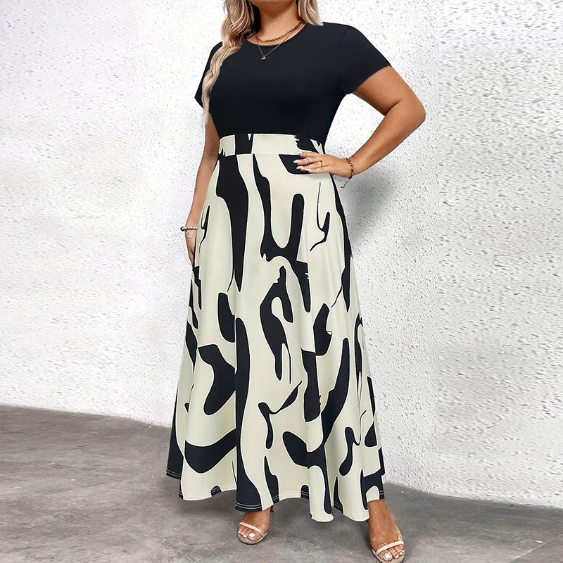 

Платье А-силуэта большого размера с цветовыми блоками - Короткий рукав, Стройнящее, Универсальное, Европейский и американский стиль для весны/лета 5XL