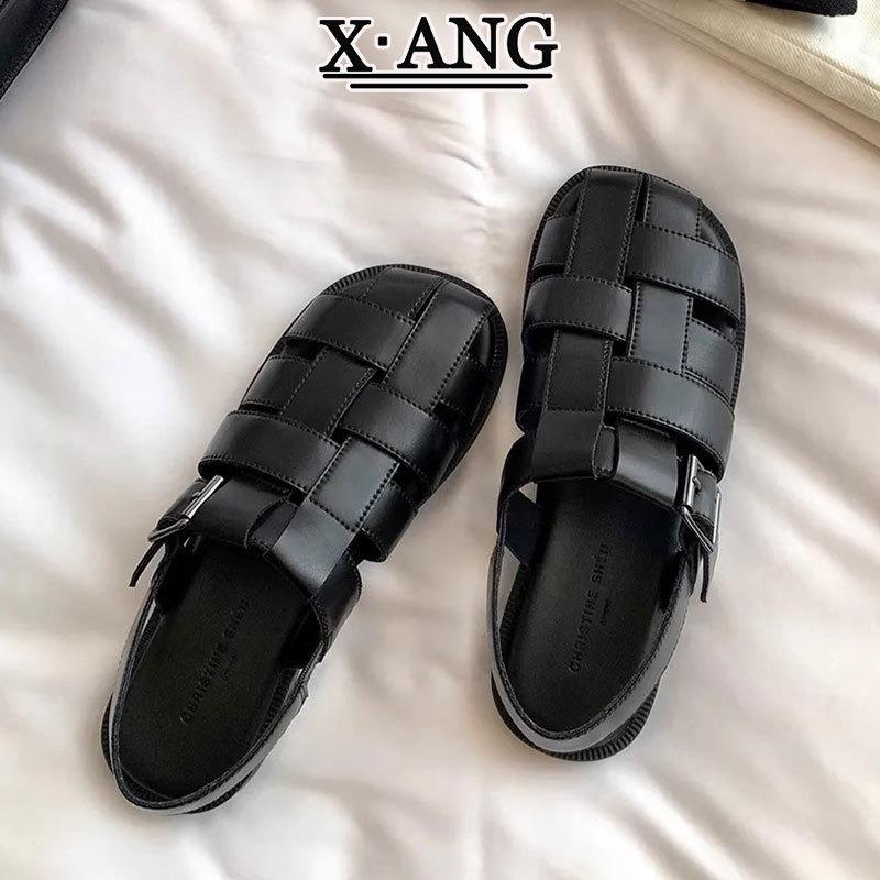 Leather Woven Hollow Sandals Women's Pig Cage Shoes New Flat-bottomed Bag Head Half Slippers Summer Sandals
