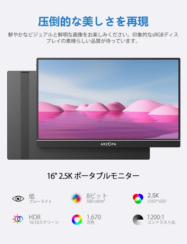 ARZOPA Mobile 2560x1600 QHD Matte IPS LCD sRGB Wide Color USB Compatible with and Game Consoles 16-inch 2.5K Monitor, Panel, 123% Gamut, Portable,