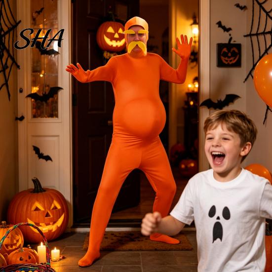 Ținută Cosplay Halloween Portocaliu Body Complet pentru Copii Adulți, cu Burta, Mustață și Sprâncene Galbene, Costum Zentai cu Față Deschisă Bărbați Femei,