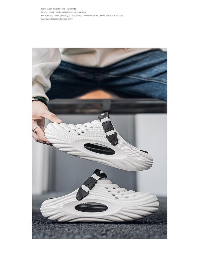 Pánské prodyšné zahradní pantofle: Neformální plážové sandály na silné podrážce, pantofle s kulatou špičkou, letní obuv.