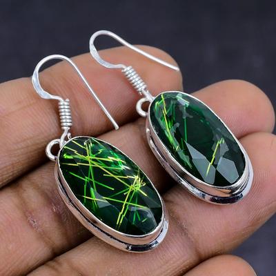 Naturgrønn rutil edelstein 925 sterlingsølv smykker øredobb 1,69" s0D14