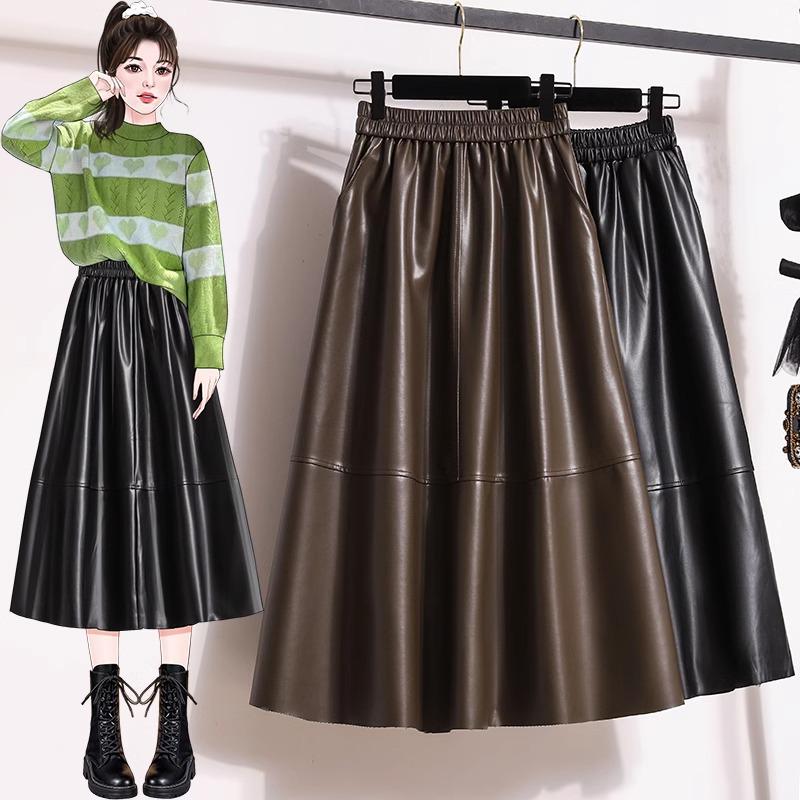 

Plus Size High Waist Brown PU Leather A-Line Midi Skirt for Women S