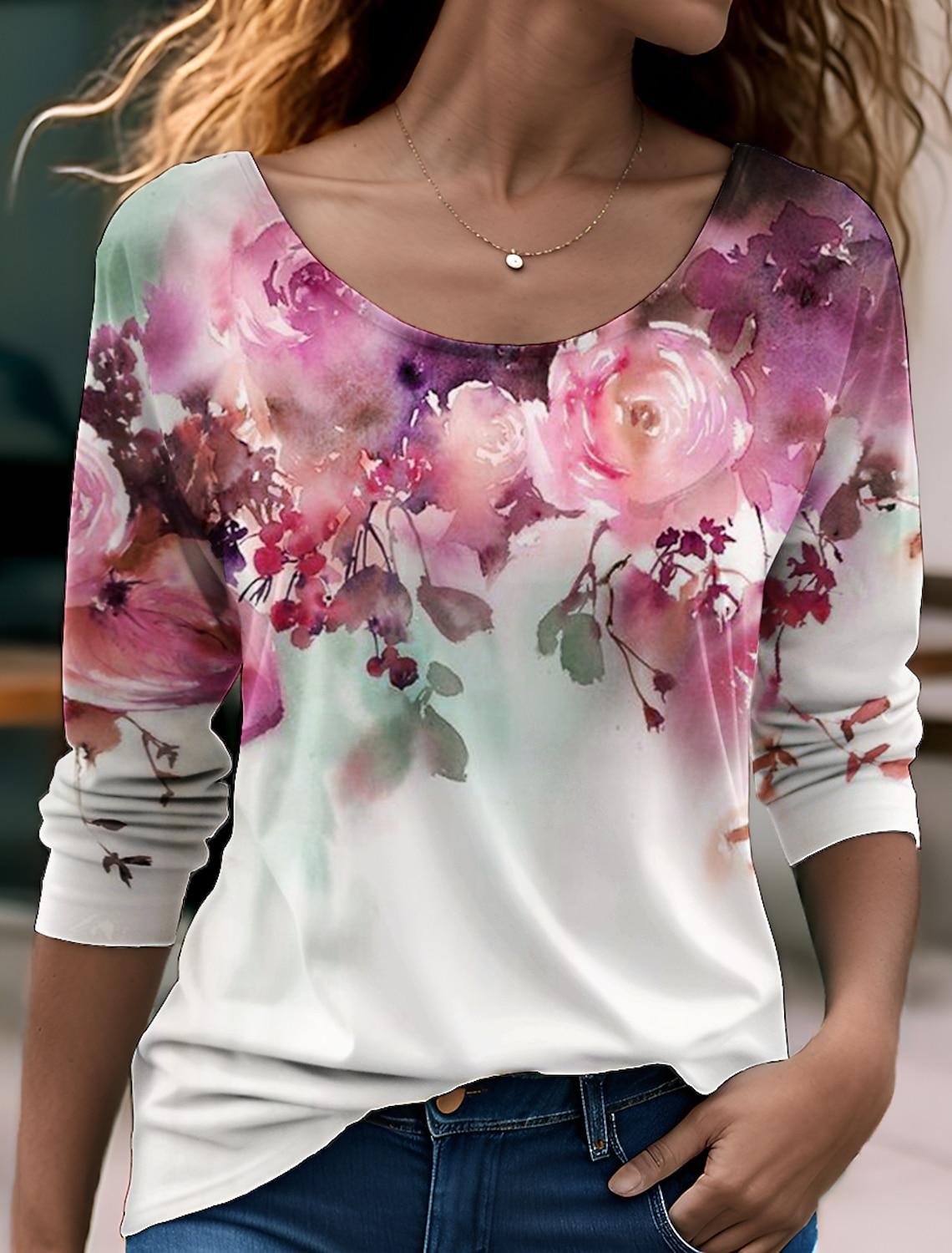 

Летний топ с круглым вырезом и 3D-цветочным принтом, модные и повседневные женские футболки с длинными рукавами 5XL