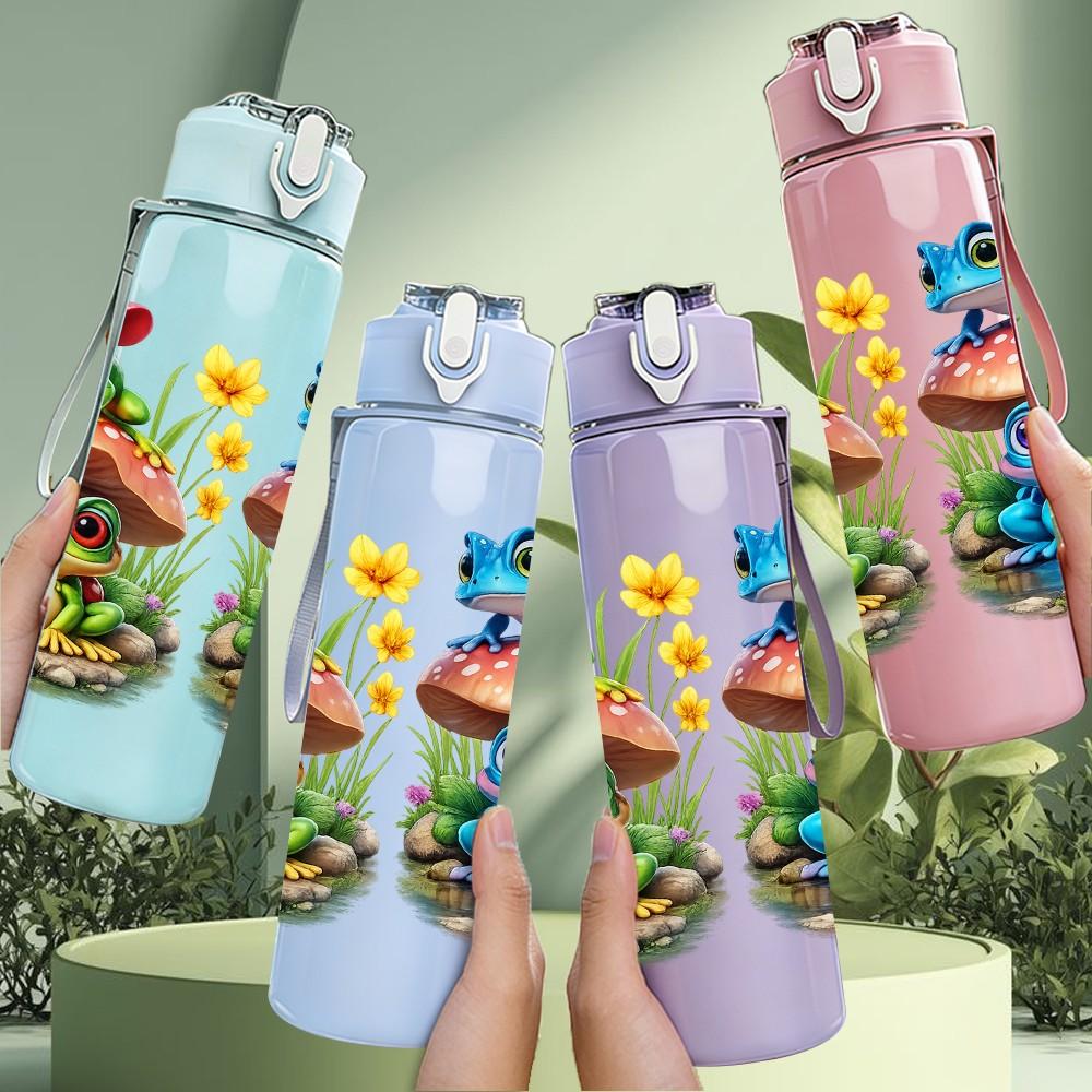 1PC Mushroom House Cartoon Print 750ml Color Plastic Sports Water Bottle Leakproof Flip Straw Lid Suitable for Sports Office Home Use