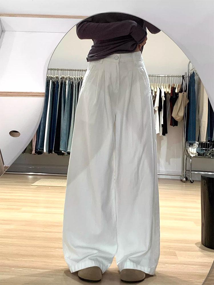 Plus Size High Waist Fleece-Lined White Pleated Wide-Leg Jeans for Women - Autumn/Winter Loose Straight Leg Floor-Length Pants