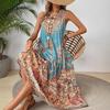 Summer Women Vintage Print Sleeveless O-neck Vest Long Dresses Beach Vacation A-line Dress Woman Loose Dress