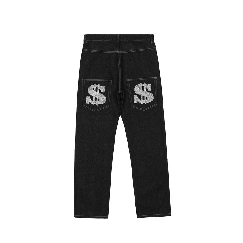 American Street Retro Letter Printing Washed Black Jeans Hip-hop Loose Straight Wide-leg Trousers Ins