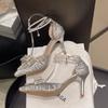 Hollow Rhinestone Bow Stiletto High Heels Women's New High-end Pearl Chain Pointed Tip Not Tired Feet Single Shoes