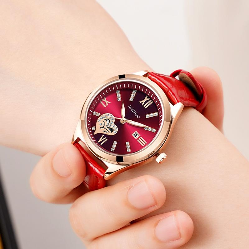 UTHAI Women's Watch Elegant Light Luxury Red Leather Love Waterproof Calendar Ladies Fashion Quartz Watches Valentine's Day Gift
