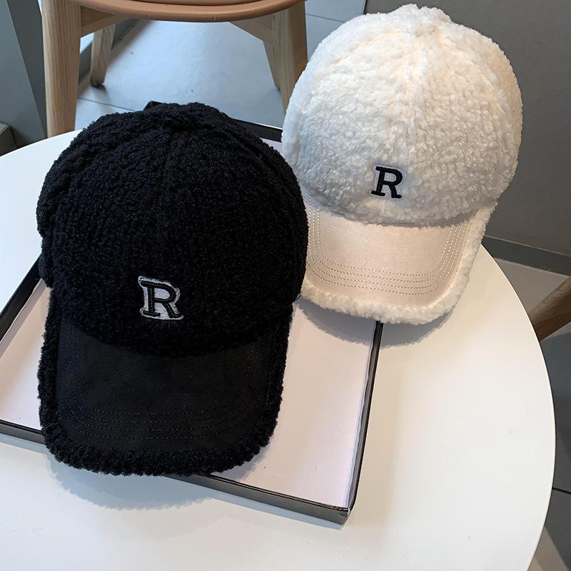 Korean Style Hat for Women In Autumn and Winter R Letter Embroidered Baseball Cap Thickened Plush Warmth Fashionable and Versatile Baseball Cap