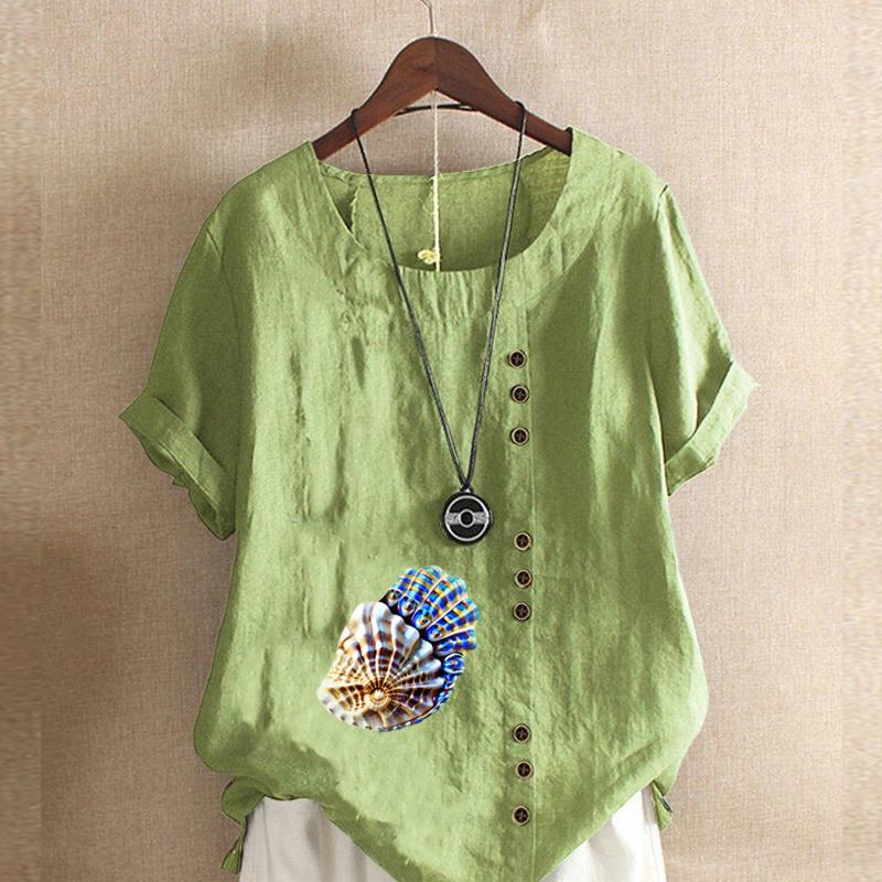 Women's Fashion Round Neck Short Sleeve T-shirt Casual Cotton Linen Graphic Shirt Leisure Loose Conch Prined Summer Blouse Tops