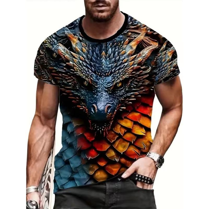 Tricou bărbătesc cu imprimeu de dragon în amestec de bumbac - Guler rotund elegant, confortabil și respirabil, pentru ținute casual de vară, de zi cu zi - Promoție