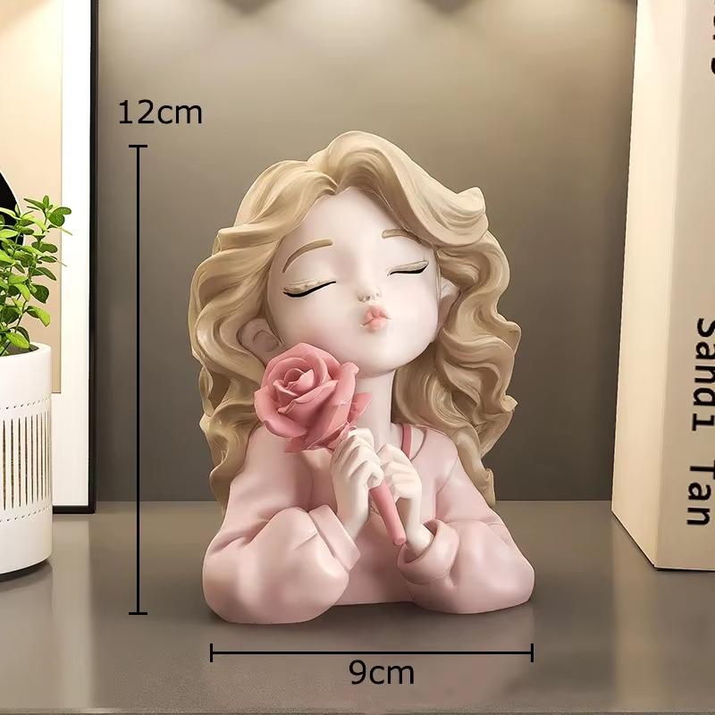 Wavy Blonde Hair Girl Figures Rose Flower Statue Desk Decoration Exquisite Character Resins Sculpture Room Aesthetics Decor